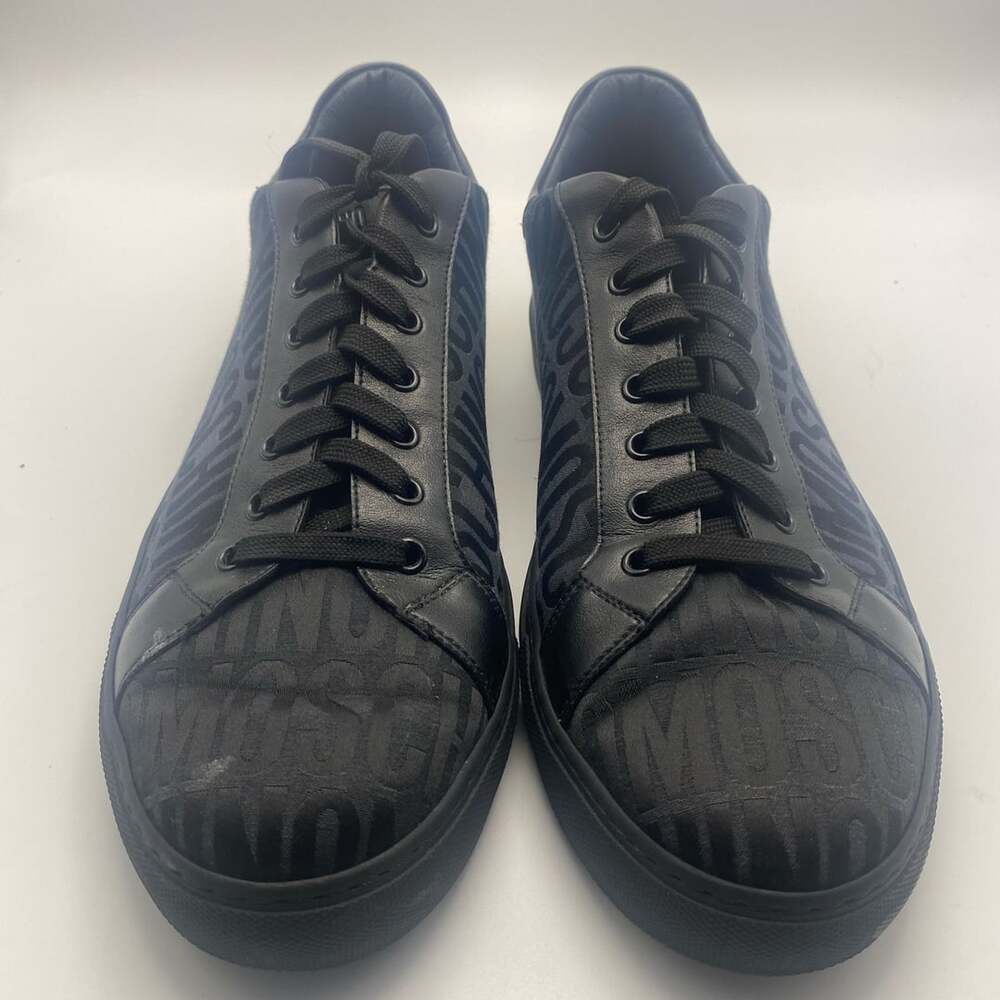 Moschino All-Over Logo Low Top Sneakers Black Leather Size 12 (R1028)